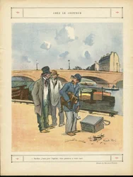 Illustration von Ricardo Flores (1878-1918) in Le Rire - Beim Friseur - Paris, Berufe, Architektur Urbanismus, Brücke, Fluss - Hund, Friseur