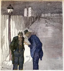 Zwei Männer unterhalten sich in einer düsteren Gasse - Zeichnung von Ricardon Florès