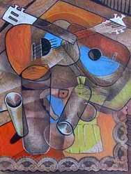 Kubistische Gitarren-Kaffee-Stillleben