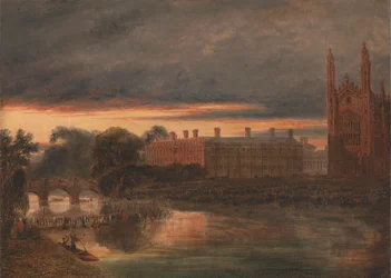 Prozession von Booten auf dem Fluss Cam unterhalb des Clare College, Cambridge
