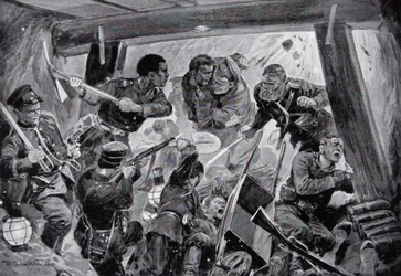 Der Russisch-Japanische Krieg: ein Nahkampf in den Erdwerken von Port Arthur, Illustration aus „Die Geschichte der Nation“
