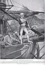 Kapitän Cook nähert sich Neuseeland, Illustration aus „Hutchinson
