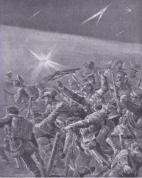 In Stacheldrahtverwicklungen gefangen: Nachtangriff der britischen Infanterie, aus Geschichte des Großen Krieges Band 3, veröffentlicht von Waverley Book Co Limited, ca. 1920