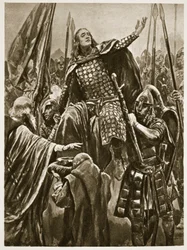 Die Erhebung Eduards des Älteren bei seiner Krönung in Kingston upon Thames am Pfingstsonntag, aus „The Illustrated London News“, 1902