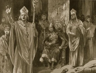 Die Ansprache von Hubert Walter, Erzbischof von Canterbury, bei der Krönung von Johann am Himmelfahrtstag, 27. Mai 1199, aus „The Illustrated London News“, 1902