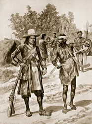 Dampier untersucht einen Bumerang in Australien, Illustration aus 