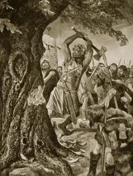 Malachy fällt 982 den Krönungsbaum von Munster, Illustration aus „Hutchinson
