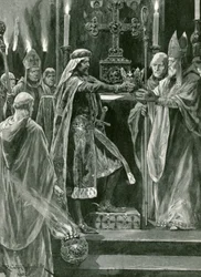 Richard I. übergibt die Krone dem Erzbischof vor der Krönung