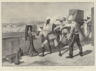 Der Vormarsch im Sudan, Rückfahrt nach Berber, Maxim-Maschinengewehre auf die Baggara-Pferde nach der Bombardierung von Metemmeh