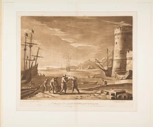 Hafen mit Seeleuten, die Waren verladen, 1774