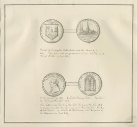 Lichfield - Medaillen der Kathedrale von Lichfield und des Stadtwappens, und ein Porträt von Richard Greene: Federzeichnung, undatiert [frühes 19. Jahrhundert]