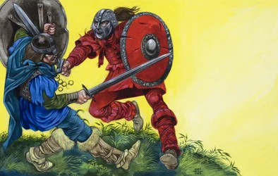 Der rote Ritter schlägt Balin mit einem mächtigen Schlag