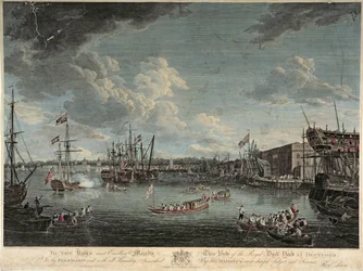 Ansicht der königlichen Werft in Deptford, graviert von William Woollett, veröffentlicht am 1. Juli 1793