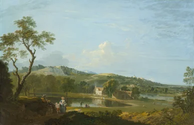 Eine weite Landschaft mit Hütten in der Nähe eines Sees, ca. 1744-1745
