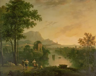 Küstenlandschaft am Abend mit tanzenden Hirten und Hirtinnen