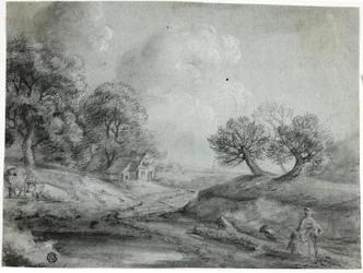 Landschaft mit Frau und Kühen