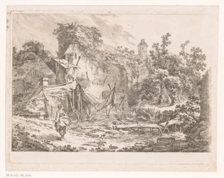 Landschaft mit Hütte und Fischernetzen auf Stangen