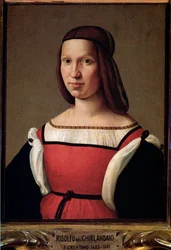 Porträt einer Dame aus den unteren Schichten in einem roten Kleid mit Puffärmeln