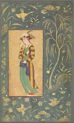 Jugendlicher, der einen Granatapfel hält, Illustration aus einem Einzelblatt-Manuskript, um 1600-1650
