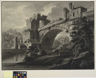 Architektonische Fantasie mit antiker Brücke über einen Fluss und einer Wassermühle im Vordergrund