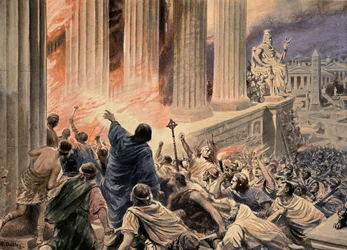 Die Verbrennung der Bibliothek von Alexandria im Jahr 391 n. Chr., Illustration aus 
