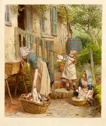 Mutter und Kinder hängen die Wäsche auf, veröffentlicht 1854