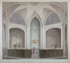 Innenraum der Kirche St. Bartholomew-the-Less, City of London, 1834