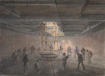 Innenraum eines der Tanks an Bord der Great Eastern: Das Kabel wird herausgeführt, 1865-66