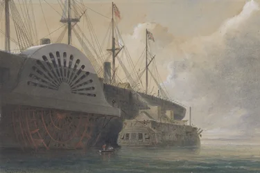 Die alte Fregatte Iris mit ihrer Kabelfracht neben der Great Eastern in Sheerness, 1865