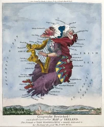Geographie verhext! oder, eine lustige Karikaturkarte von Irland. Dieses Porträt von Lady Hibernia Bull ist ihrem Ehemann, dem großen Mr. John Bull, demütig gewidmet.