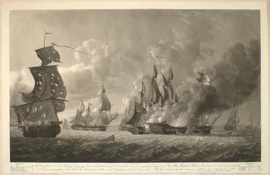 Diese Ansicht der Aktion am St. Georgstag 1794, zwischen einem Detachement von Seiner Majestät Fregatten, unter dem Kommando von Sir John Borlase Warren Baronet und vier französischen Fregatten