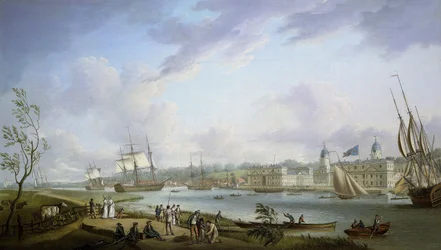 Ansicht von Greenwich, Beschreibung der Themse und der Aktivitäten an ihren Ufern sowie der Flussnavigation, abhängig von der Bedeutung der Gezeiten. Öl auf Leinwand