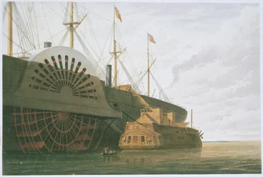 Die alte Fregatte HMS Agamemnon mit ihrem Gewicht an Kabeln neben der SS Great Eastern, aus 