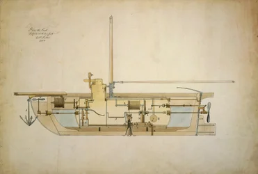 Originalzeichnung des Nautilus, des ersten Unterseeboots (U-Boot), präsentiert von seinem Erfinder Robert Fulton (1765-1815) dem amerikanischen Senat im Jahr 1806