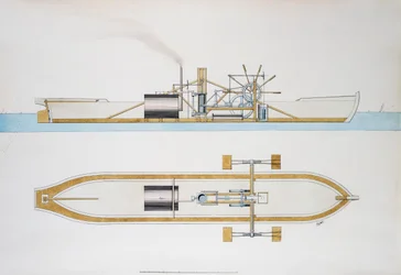 Dampfschiff entworfen von Robert Fulton, Aquarell, Vereinigte Staaten