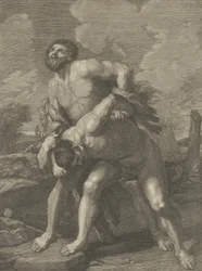 Herkules trägt ein Löwenfell und kämpft gegen Achelous, eine Landschaft im Hintergrund, ca. 1713-72
