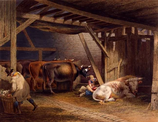 Kuhstall (handkolorierte Aquatinta)