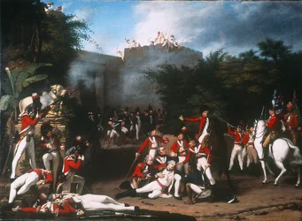 Der Tod von Colonel Moorehouse bei der Erstürmung des Pettah-Tors von Bangalore am 7. März 1791, 1793