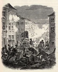 Barrikadenkämpfe am Cöllner Rathaus in Berlin in der Nacht vom 18. auf den 19. März 1848