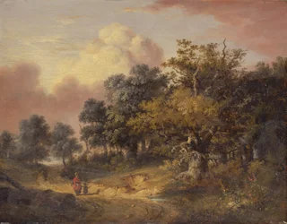 Waldlandschaft mit Frau und Kind auf einem Weg