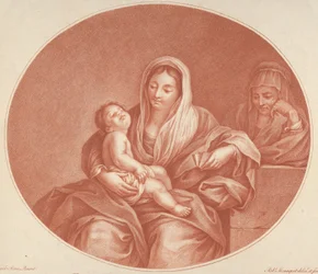 Die Jungfrau sitzt mit dem schlafenden Christuskind auf ihrem Schoß, rechts die Heilige Elisabeth