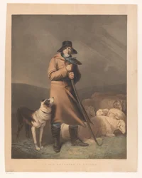 Hirte mit seinem Hund und Schafen