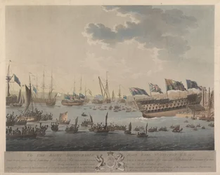 Zu... Earl St Vincent K.B. &c.&c. Diese Platte zeigt den Stapellauf von Seiner Majestät Schiff Hibernia mit 120 Kanonen, Circe & Pallas Fregatten mit je 32 Kanonen und das Ausdocken des St George mit 98 Kanonen nach einer vollständigen Reparatur am 17. Nov