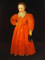 Porträt eines kleinen Jungen, in ganzer Figur stehend, in einem roten Kleid mit weißem Spitzenkragen, einen schwarzen Hut haltend