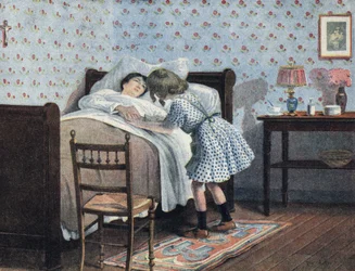 Ein kleines Mädchen am Bett ihrer kranken Mutter wartet auf ihren Krieg. Illustration von Robert Salles (1871-1929) in „Je sais Lire“