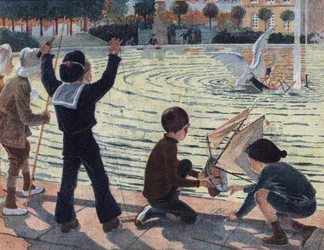 Ein Schwan greift das Boot eines Kindes an, das mit seinen Kameraden im Teich eines Parks spielte. Illustration von Robert Salles (1871-1929) in „Je sais Lire“.