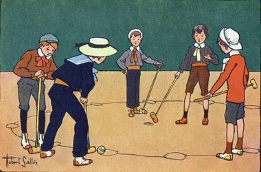Ball nach Stunden (Geschicklichkeitsspiel mit Bällen und Schlägern). Gravur in "Was spielen wir?" von E. Weber mit Aquarellzeichnungen von Robert Salles (1871-1929). Librairie Garnier Freres, Paris