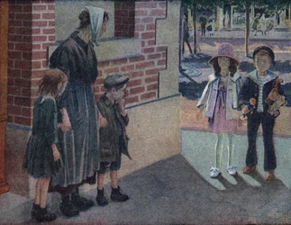 Wohltätigkeit: Eine Mutter und ihre zwei Kinder bitten einen Jungen und ein Mädchen auf der Straße um Almosen, die ihnen ihre Ersparnisse und Spielzeuge geben. Illustration von Robert Salles (1871-1929) in „Ich kann lesen“
