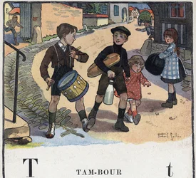 Kinderbuch „Ich werde lesen - Methodisches und lustiges Alphabet von einem Vater“ 1926. Illustration von Robert Salles (1871-1929). Abecedarium: Buchstabe T wie Trommel