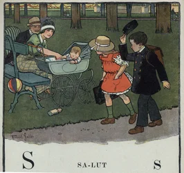Kinderbuch „Ich werde lesen - Methodisches und lustiges Alphabet von einem Vater“ 1926. Illustration von Robert Salles (1871-1929). Abecedarium: Buchstabe S wie Salut. Ein Junge grüßt ein Paar und ihr Baby, indem er seine Mütze hebt.